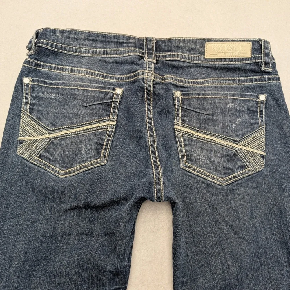 Rock & Roll Cowgirl Bootcut Jeans Women(32X33) Dark Wash‎ Blue Embroidered